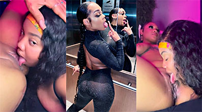 lesbian Drippin Velvet moves her tongue very fast in Mslady’s pussy