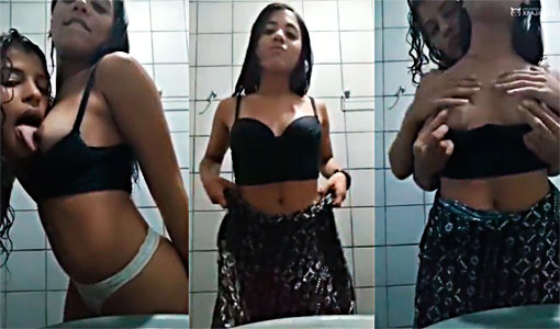 18 year old lesbians are interrupted in a public toilet
