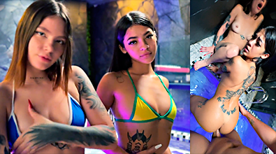 Su Chica Le Forma Un Trio Bien Intenso Dentro De La Piscina