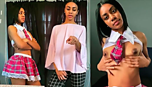 schoolgirl twin shows her big pussy in front of her sister